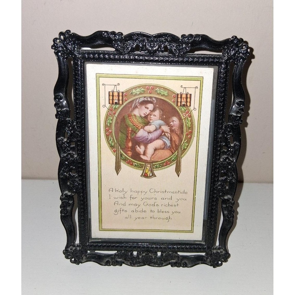 Antique Framed Victorian Christmas Postcard Ornate Black Frame Holiday Decor